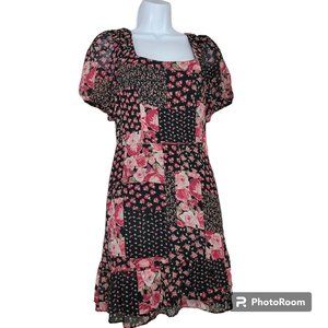 City Vibe Dress,  Juniors Small, Black w/ Red & Pink Roses, Open Tied Back,  NWT